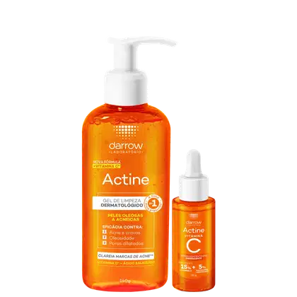 Dois produtos da marca Darrow Laboratorio: um gel de limpeza dermatológico Actine com vitamina C e um sérum concentrado Actine vitamina C, ambos em embalagens com cores laranja e branca.