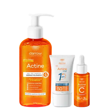 Produtos da linha Actine da Darrow: gel de limpeza dermatológico, protetor solar Actine One FPS 50 e sérum concentrado de vitamina C, em embalagens com cores predominantes laranja e branca.