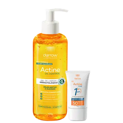 Dois produtos da marca Darrow: um frasco de gel de limpeza dermatológico Actine Oil Control com 400g, em embalagem laranja, e um tubo de protetor solar Actine One FPS 50 com 40g, em embalagem branca.