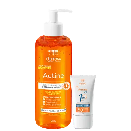 Gel de limpeza dermatológico Actine da Darrow com vitamina C, em frasco branco com bomba dosadora, e tubo de protetor solar Actine One FPS 50, em embalagem branca.