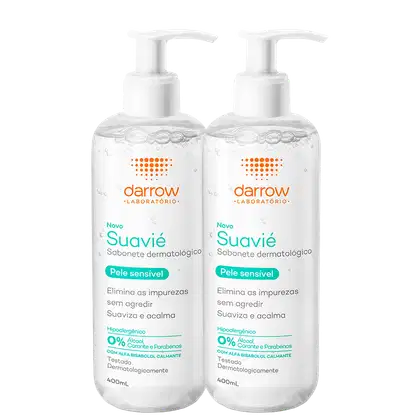 Dois frascos brancos de sabonete dermatológico Darrow Suavie para pele sensível, com bombas doseadoras. Os rótulos destacam que o produto é hipoalergênico, sem álcool, corantes e parabenos, e testado dermatologicamente.