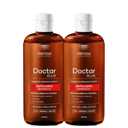 Dois frascos de shampoo dermatológico Darrow Doctor Plus, com embalagem de 240ml cada, indicando eficácia imediata contra coceira, descamação e vermelhidão. Protege a fibra capilar com Ictiol, Sepicide G e Pellicer.