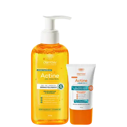 Dois produtos da marca Darrow: um frasco de gel de limpeza dermatológico Actine Oil Control com 140g e um tubo de gel hidratante dermatológico Actine Aquaforce com 40g, ambos com embalagens em tons de laranja e branco.