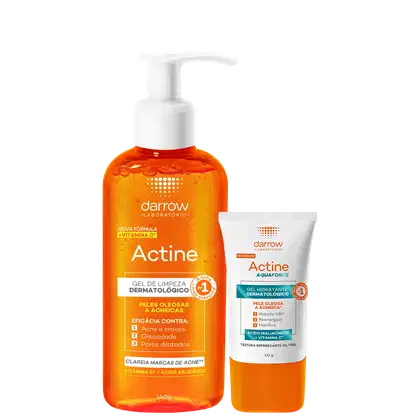 Dois produtos da marca Darrow: um gel de limpeza dermatológico Actine com fórmula de vitamina C, e um gel hidratante dermatológico Actine Aquaforce, ambos em embalagens laranja e branca com rótulos detalhados.