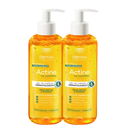 Dois frascos de gel de limpeza dermatológico Darrow Actine Oil Control, com 400g cada, em embalagem com bomba dosadora e rótulo destacando a fórmula com ácido glicólico e vitamina B5.