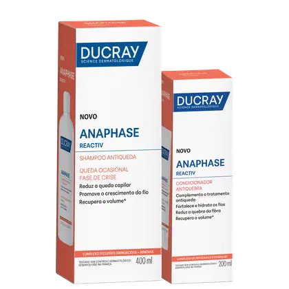 Dois produtos da marca Ducray: um frasco de shampoo Anaphase Reactiv de 400 ml e um frasco de condicionador Anaphase Reactiv de 200 ml, ambos em embalagens de cores branca e laranja.