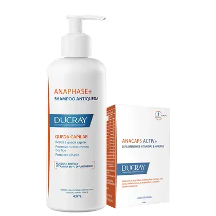 Shampoo antiqueda Anaphase+ da Ducray em frasco branco de 400ml com bomba dosadora e caixa laranja contendo suplemento Anacaps Activ+ da mesma marca.