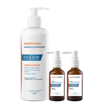 Shampoo Antiqueda Anaphase+ da Ducray com 400ml e dois frascos de sérum anticaspa e crescimento Neoptide Expert da mesma marca, em embalagens brancas e marrons com detalhes em azul.