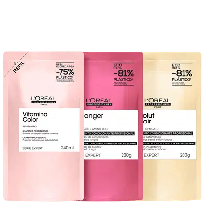 Dois pacotes de máscaras da L'Oréal Professionnel, Vitamino Color e Prolonger, com embalagens rosa e branca. Também há um pacote de shampoo Absolut Repair da mesma marca.