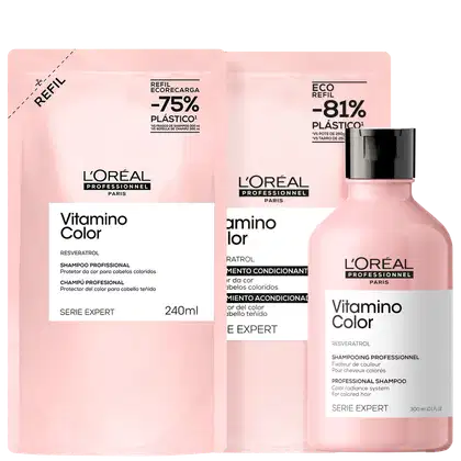 Embalagens de shampoos e máscara da linha Vitamino Color da L'Oréal Professionnel.