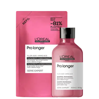 Embalagens de shampoo e máscara da linha Pro Longer da L'Oréal Professionnel.