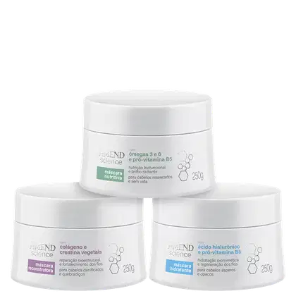 Três potes brancos de máscaras capilares da marca Amend Science, com rótulos indicando diferentes formulações e benefícios, como nutrição, reparação e hidratação para cabelos.