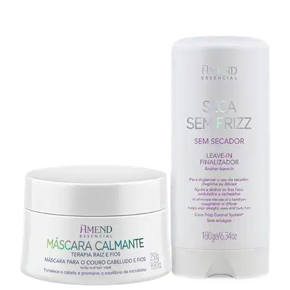 Dois produtos Amend Essencial: uma máscara calmante para couro cabeludo e fios em embalagem branca, e um finalizador leave-in para cabelos sem frizz em embalagem branca com detalhes em roxo.