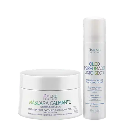 Amend Essencial apresenta um frasco branco de óleo perfumado para cabelo seco e uma embalagem branca de máscara calmante para couro cabeludo e fios, com textos e rótulos em português.