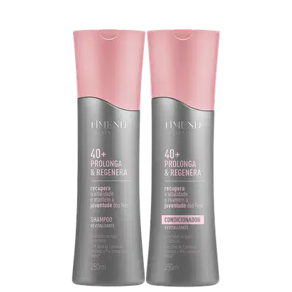 Dois frascos de shampoo e condicionador da linha Amend Expertise 40+ Prolonga & Regenera, com embalagens rosa e cinza, contendo 250ml cada, com informações sobre os benefícios do produto.