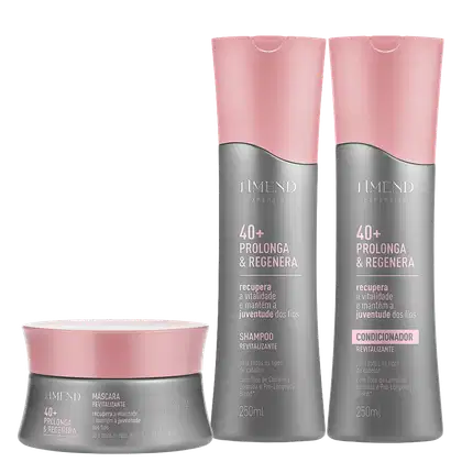 Três produtos da linha Amend Expertise 40+ Prolonga & Regenera: um frasco de shampoo revitalizante, um frasco de condicionador revitalizante e um pote de máscara revitalizante, todos em tons de rosa e cinza.