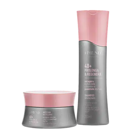 Dois produtos da linha Amend Expertise 40+ Prolonga & Regenera: um frasco de shampoo revitalizante rosa e prata de 250ml, e um pote de máscara revitalizante rosa e prata de 300g.