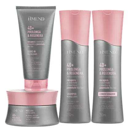 Produtos de cabelo da linha Amend Expertise 40+ Prolonga & Regenera, incluindo shampoo, condicionador, leave-in e máscara revitalizante em embalagens rosa e cinza.
