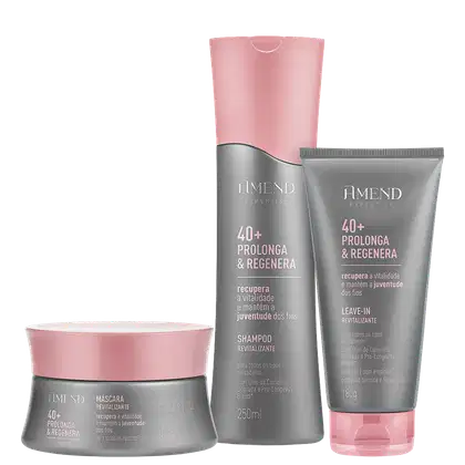 Conjunto de produtos Amend Cosméticos 40+ Prolonga & Regenera, incluindo shampoo revitalizante, leave-in revitalizante e máscara revitalizante em embalagens rosa e cinza.