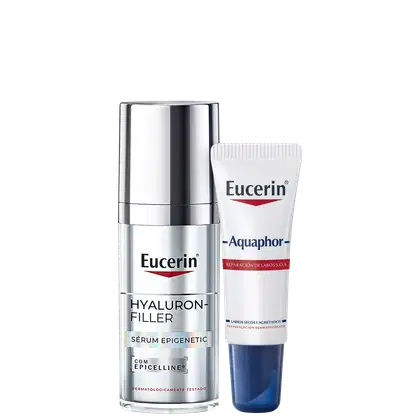O produto Eucerin apresenta um frasco de soro Hyaluron-Filler com embalagem prateada e um tubo de creme Aquaphor com embalagem branca e azul. Ambos os produtos exibem o logotipo da marca Eucerin.