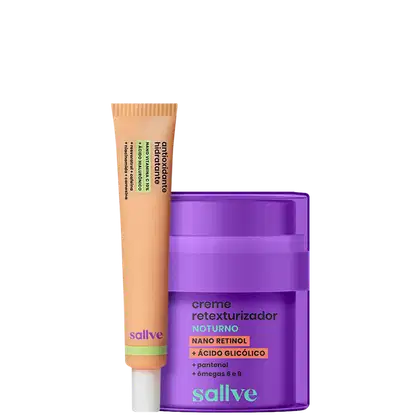 Creme retexturizador noturno Sallve 30g com nano retinol, ácido glicólico, pantenol e ômega 6 e 9, em embalagem roxa e tubo laranja com sérum gel facial de 35h.