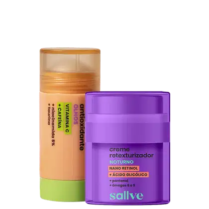 Dois produtos de beleza da marca Sallve: um bastão para área dos olhos em embalagem laranja e um creme retexturizador noturno em embalagem roxa, contendo ingredientes como nano retinol, ácido glicólico e ômegas 6 e 9.