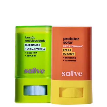 Dois produtos Sallve: um bastão antioleolosidade verde com ingredientes como niacinamida e enzima papaína, e um protetor solar laranja com FPS 60, carnosina e vitamina E.