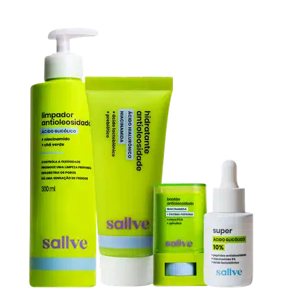 Produtos de beleza da marca Sallve, incluindo um limpador antioleosidade em frasco verde, um hidratante antioleosidade, um bastão antioleosidade e um soro de ácido glicólico em embalagens verdes e brancas.