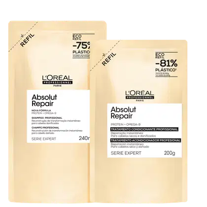 Duas embalagens de refil de shampoo e máscara L'Oreal Professionnel, da linha Absolut Repair, com rótulos indicando os nomes dos produtos e informações sobre sua composição e uso.