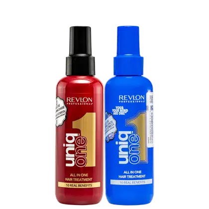 Dois frascos de tratamento capilar da marca Revlon Professional: um frasco vermelho com rótulo "Uniq One" e um frasco azul com rótulo "Uniq One All in One Hair Treatment", ambos com 10 benefícios reais para os cabelos.