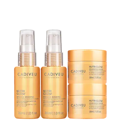 Dois frascos de 30ml do Nutri Glow Miracle Booster da Cadiveu Professional e dois potes de 30ml da Nutri Glow Nourishing Mask da Cadiveu Professional, todos em embalagens com cores predominantes de laranja e dourado.