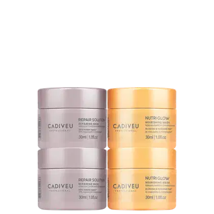Quatro potes de máscara capilar da marca Cadiveu, 
sendo duas máscaras Repair Solution) e
 duas Nutriglow, com 30ml cada