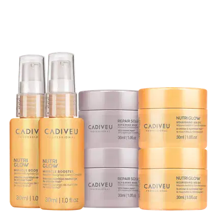 Conjunto de produtos Cadiveu Professional, incluindo dois frascos de Nutri Glow Miracle Booster, dois potes de Repair Solv Repairing Mask e dois potes de Nutri Glow Nourishing Mask, em embalagens de 30ml cada