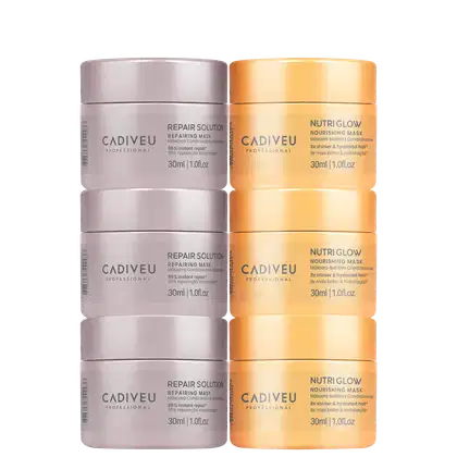 Seis frascos de máscaras de tratamento da marca Cadiveu Professional, sendo três da linha Repair Solution e três da linha Nutri Glow, em embalagens cilíndricas de 30ml cada.