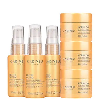 Três frascos de Nutri Glow Miracle Booster da marca Cadiveu Professional, acompanhados de três potes de máscara condicionadora Nutri Glow da mesma marca, com 30ml cada