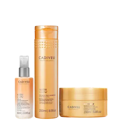 Três produtos da linha Cadiveu Professional: um frasco de sérum condicionador Nutri Glow, um frasco de shampoo Nutri Glow e um pote de máscara nutritiva Nutri Glow, todos em embalagens com design dourado e branco.