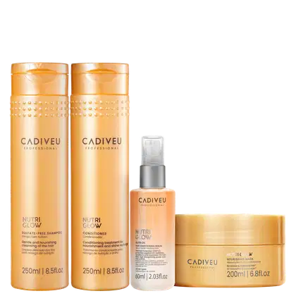 Shampoo e condicionador Nutri Glow da Cadiveu Professional, um frasco de sérum Nutri Glow e um pote de máscara Nutri Glow, todos em embalagens na cor laranja com detalhes em prata.