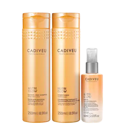 Shampoo e condicionador Cadiveu Professional Nutri Glow, com embalagens de 250ml em cor laranja, e um frasco de 60ml do sérum Nutri Oil da mesma marca, em embalagem prateada.