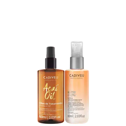 Dois frascos de produtos Cadiveu Professional: um frasco de óleo de tratamento Acai Oil e um frasco de sérum capilar Nutri Glow, ambos com embalagens em tons de laranja e prata.