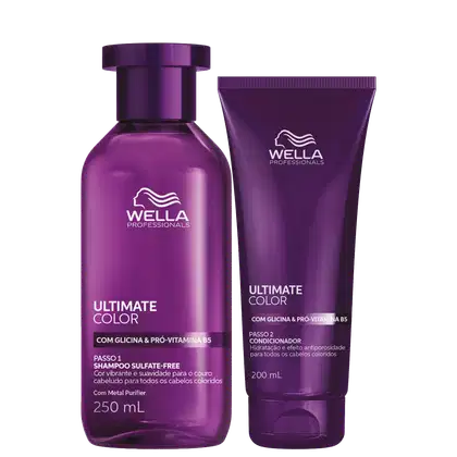 Produtos da linha Ultimate Color da Wella Professionals, incluindo um frasco de shampoo sulfate-free de 250 ml e um condicionador de 200 ml, ambos em embalagens de cor roxa com o logotipo da marca.