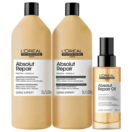 Dois frascos de shampoo e condicionador da linha Absolut Repair da L'Oréal Professionnel, com embalagens em tons de bege e preto, e um frasco de óleo reparador Absolut Repair Oil, também da mesma marca, em embalagem de vidro com tampa preta.