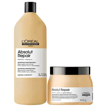O produto de beleza da L'Oréal Professionnel é um conjunto de shampoo e tratamento condicionador da linha Absolut Repair, com embalagens em tons de amarelo e preto, contendo informações sobre os ingredientes e benefícios do produto.