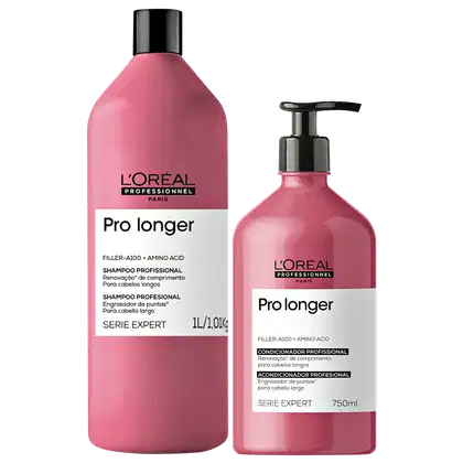 Dois produtos da linha Pro Longer da L'Oréal Professionnel: um frasco de shampoo de 1L e um frasco de condicionador de 750ml, ambos com embalagem rosa e preta destacando os ingredientes Filler-A100 e Amino Acid.