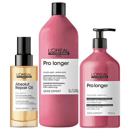 Três produtos da linha L'Oréal Professionnel: um frasco de óleo Absolut Repair, um frasco de shampoo Pro Longer e um frasco de condicionador Pro Longer, com embalagens em tons de rosa e dourado.