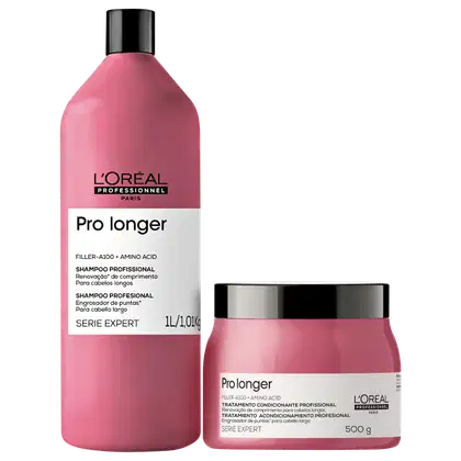 Produtos da linha Pro Longer da L'Oréal Professionnel, incluindo um frasco de shampoo e um pote de tratamento condicionante, ambos em embalagens rosa e preta com detalhes em branco.
