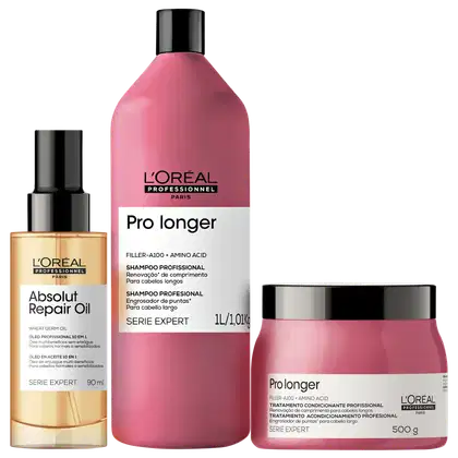 Produtos L'Oréal Professionnel: Shampoo Pro Longer, Tratamento Condicionante Pro Longer e Óleo Absolut Repair, em embalagens de plástico e vidro com cores rosa e dourada, exibindo rótulos e informações sobre os benefícios dos produtos.