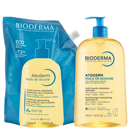 Bioderma Atoderm Huile de Douche: Frasco de 1 litro e refil de 1 litro em embalagem azul, com rótulos e logotipos da marca Bioderma. Produto de higiene corporal para peles muito secas e irritadas.