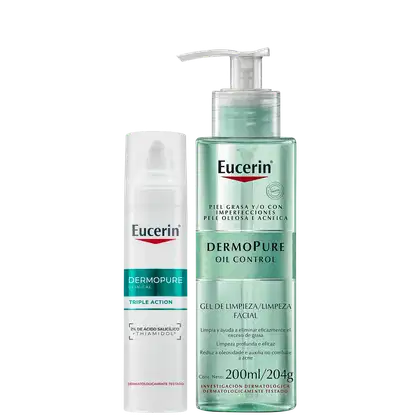 Dois produtos Eucerin: um frasco de gel de limpeza facial DermoPure Oil Control com 200ml e um tubo de creme facial DermoPure Triple Action com 2% de ácido salicílico, ambos com embalagens brancas e verdes.