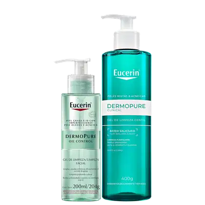 Dois produtos da marca Eucerin: um gel de limpeza facial Dermopure Oil Control e um gel de limpeza gentil Dermopure Clinical, ambos em embalagens plásticas com cores predominantes de verde e branco.