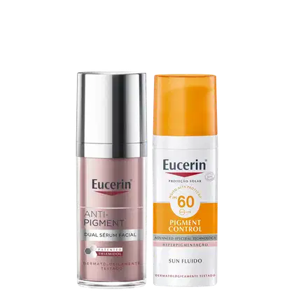 Dois produtos Eucerin: um frasco rosa com rótulo "Anti-Pigment Dual Sérum Facial" e um frasco laranja com rótulo "Pigment Control Sun Fluido FPS 60", ambos em embalagens de plástico com detalhes metálicos.